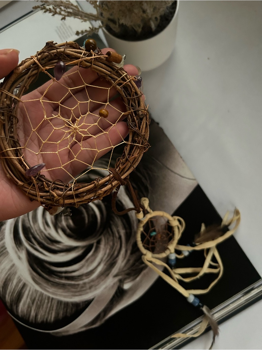 Handmade Rustic Dreamcatcher with Beads and Feathers - Brown & Tan
